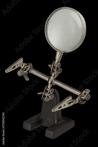 Fototapeta Helping hands soldering stand with clips and magnifying glass, isolated single object, transparent background, detailed reflections.