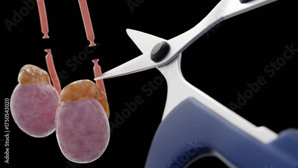 Obraz A 3d medical illustration image of a vasectomy. It shows of scissors cutting off the vas deferens tubes (the thin orange-red tubes that carry sperm).