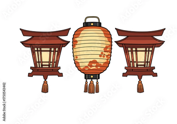 Fototapeta Traditional Japanese Lanterns with Floral Design and Pagoda Style.