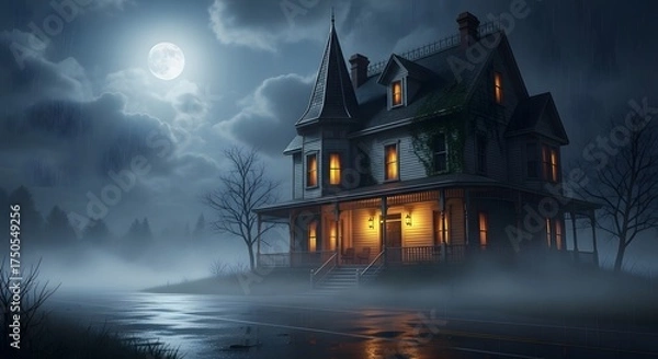 Fototapeta Haunted Victorian Mansion at Night with Full Moon and Fog