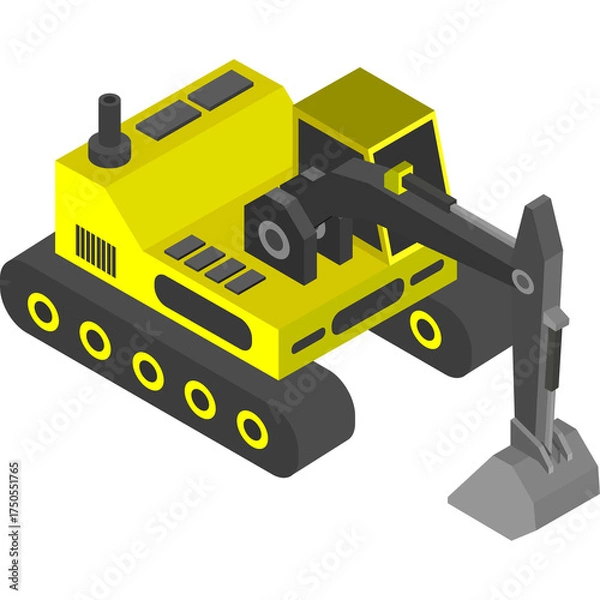 Obraz Yellow Toy Excavator Construction Vehicle with Black Tracks and Grey Bucket in Isometric View on Transparent Background