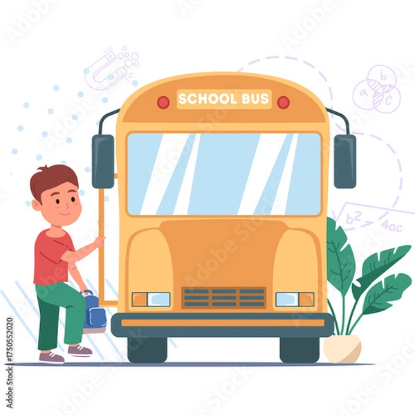 Obraz Young boy with backpack stepping onto a yellow school bus for his first day of school education concept with scattered learning symbols in the background