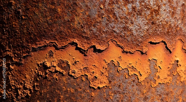 Fototapeta Close up of weathered and rusted metal surface with peeling paint and texture