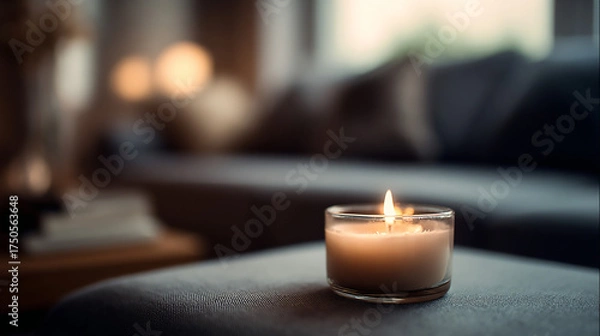 Obraz A lit candle in a glass holder sitting on a soft surface against a blurred background indoors scene