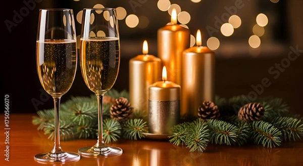 Fototapeta Two champagne flutes and golden candles with pine branches and bokeh lights