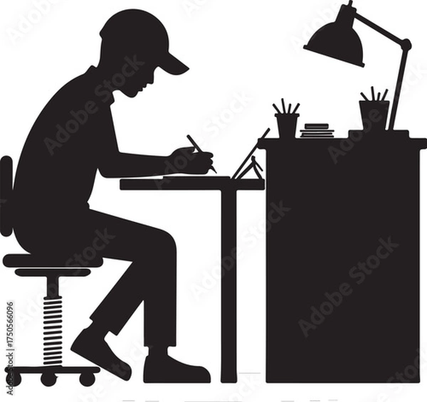 Obraz Silhouette of person at desk drawing on tablet with desk lamp