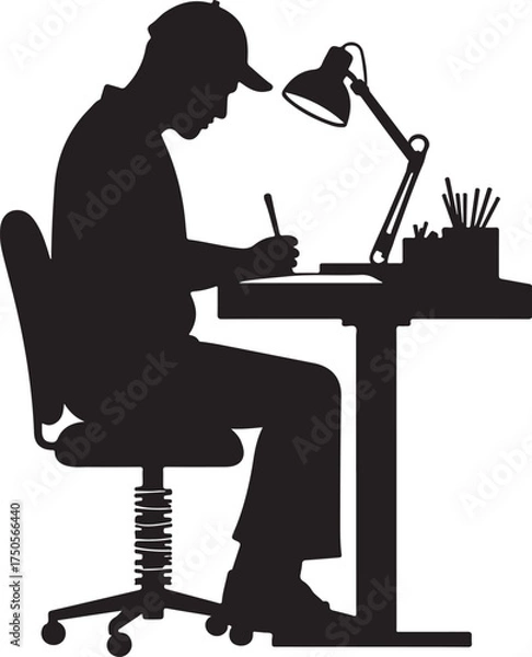 Fototapeta Silhouette of person at desk with lamp and pens table