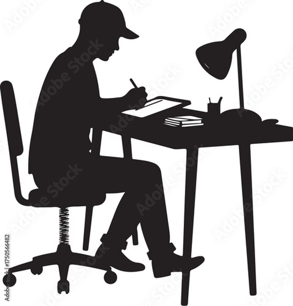 Fototapeta Silhouette of person at desk with lamp and tablet chair