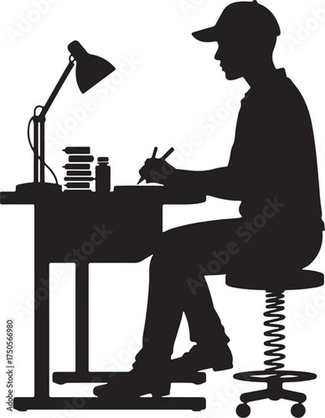 Fototapeta Silhouette of person at desk with lamp writing vector
