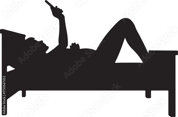 Fototapeta Silhouette of person lying in bed holding smartphone