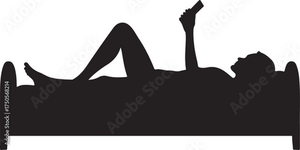 Fototapeta Silhouette of person lying in bed using smartphone