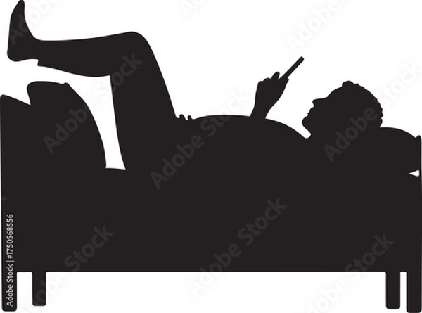 Fototapeta Silhouette of person lying on bed using mobile phone