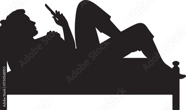 Fototapeta Silhouette of person lying on bed using smartphone