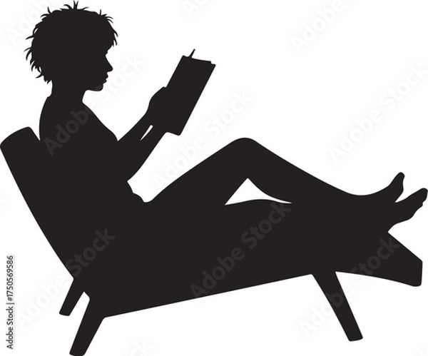 Fototapeta Silhouette of person reading a book in a lounge chair
