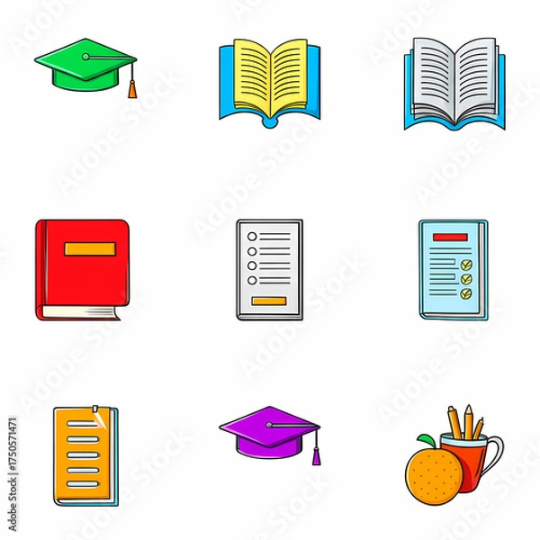 Fototapeta 2D Icon Sets of Educations Category Solid White Transparent Background HD