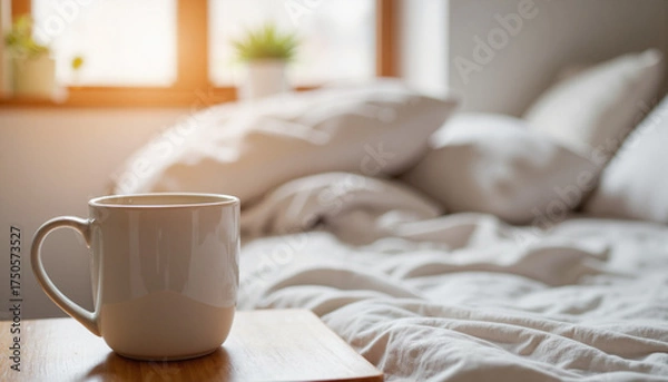 Obraz Cozy cup of coffee on bedside table in bright bedroom with plants  
