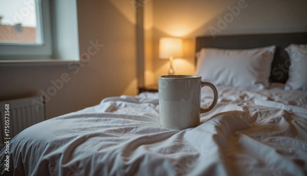 Obraz Coffee mug resting on unmade bed with soft lighting in bedroom  