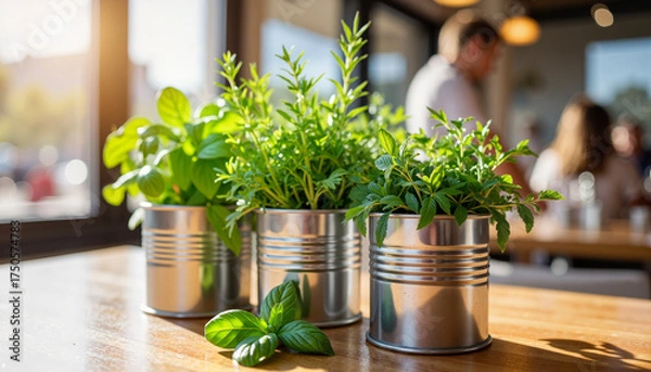 Obraz Fresh herbs in metal containers on wooden table in café  