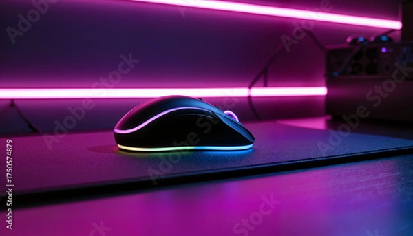 Obraz High-tech gaming mouse glowing on RGB pad in dark room, futuristic vibes