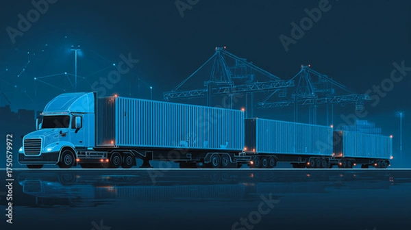Fototapeta Smart Innovation connection cyber security Container truck in ship port for business Logistics transportation of Container Cargo ship Cargo plane with working crane bridge in shipyard at Twiligh