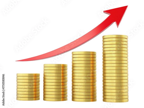 Obraz 3D Render Financial Growth Bar Chart with Increasing Gold Coin Stacks and Upward Red Arrow