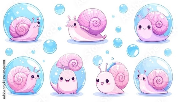 Obraz Cute pink snails in bubbles