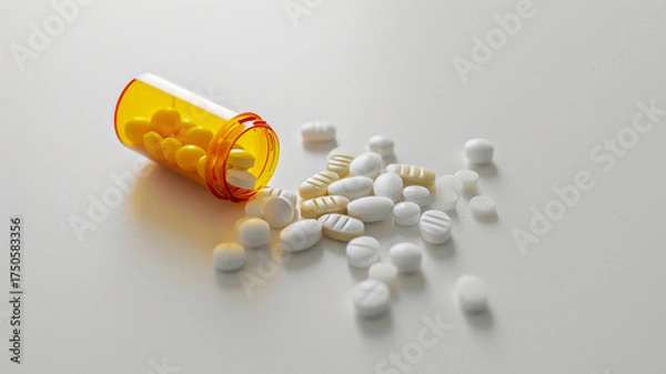 Fototapeta Pills spilling from a prescription bottle various shapes and colors representing medication and healthcare