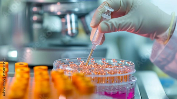Obraz Scientist working with cell culture in petri dish conducting research in a laboratory using pipette for scientific experiment