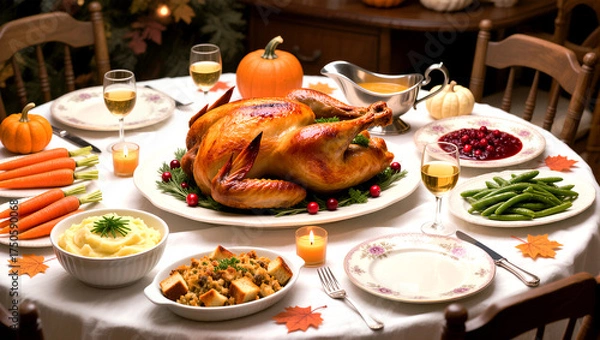 Fototapeta Traditional Thanksgiving Dinner Table with Roasted Turkey and Festive Sides
