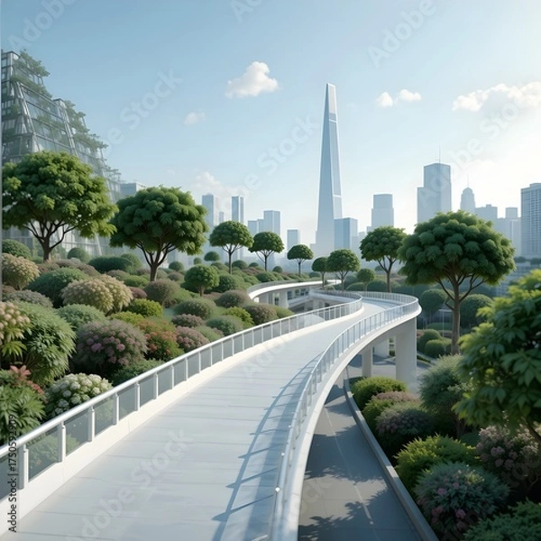 Fototapeta interchange, IC, pedestrian overpass, pedestrian bridge, sky garden walkway, sky garden pedestrian, merge lane, ramp, urban planning, road planning in urban planning, AI Generative