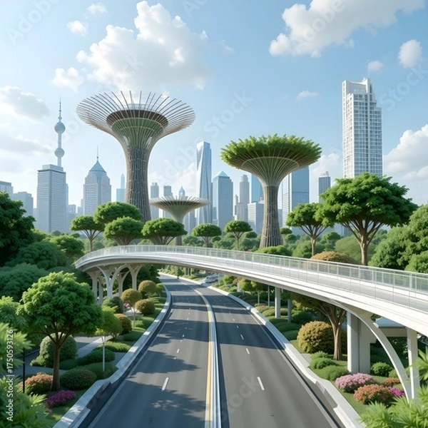 Fototapeta interchange, IC, pedestrian overpass, pedestrian bridge, sky garden walkway, sky garden pedestrian, merge lane, ramp, urban planning, road planning in urban planning, AI Generative