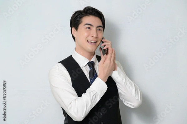 Obraz スマホで通話をするベストを着た日本人男性