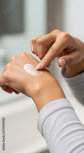Fototapeta A person applying white cream to the back of their hand with a finger.