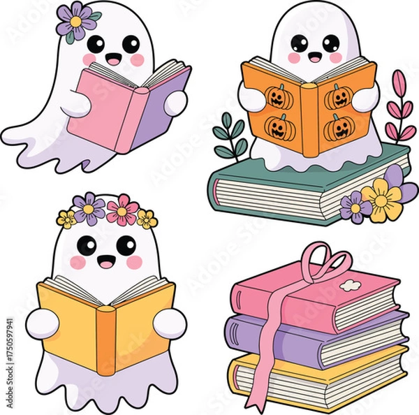 Fototapeta Cute ghosts reading books and stacks of books halloween