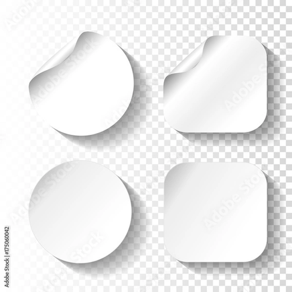 Fototapeta Vector set of white paper stickers on transparent background. Circle and square labels, buttons.