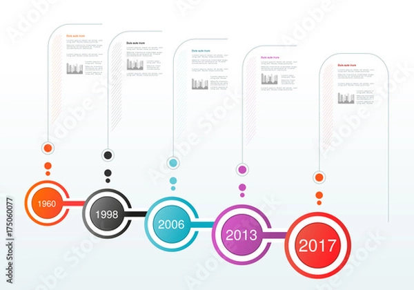 Fototapeta Vector infographics timeline design. Template with circular labels. Company Milestones. Background for business, infographic, diagram, flowchart, process, time line.