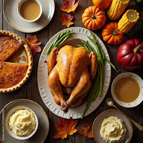Fototapeta Top view of beautifully set Thanksgiving table with golden roast turkey