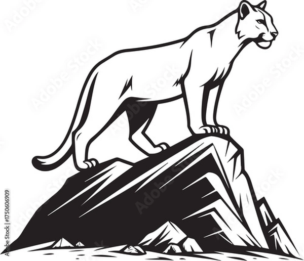 Obraz Wild Cougar Mountain Lion Standing on Rock Black and White Vector Illustration for Wildlife and Nature Design