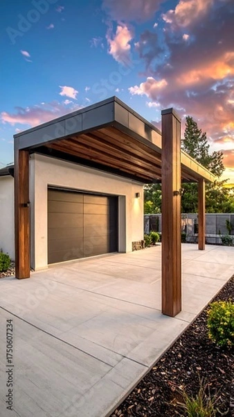 Fototapeta Modern garage with wood accents and a stunning sunset sky