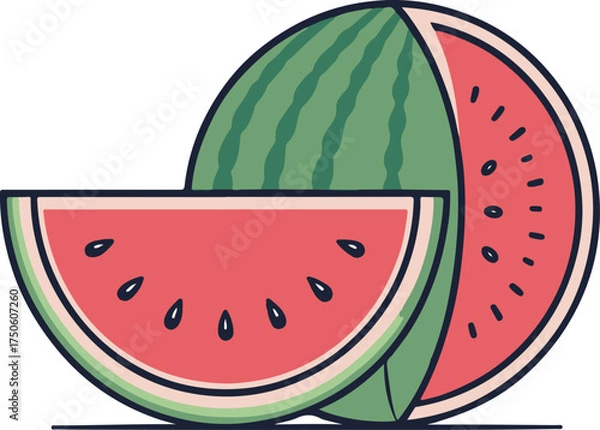 Obraz Fresh Watermelon Slice and Whole Fruit Vector Illustration for Summer and Food Design