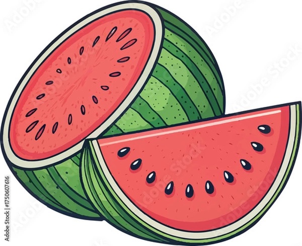 Obraz Whole and Sliced Watermelon Vector Illustration for Summer, Fruit, and Healthy Food Design