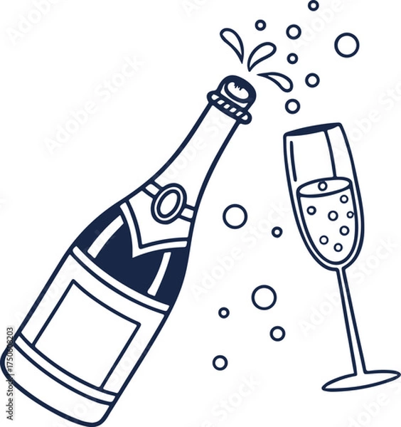 Obraz Celebration Champagne Bottle and Glass with Bubbles – Festive Party Vector Illustration