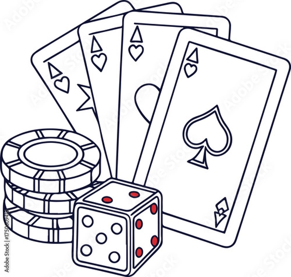 Obraz Casino Vector Illustration with Playing Cards, Poker Chips, and Dice