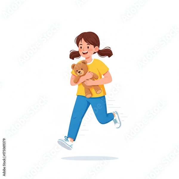 Obraz Joyful girl runs with her teddy bear, symbolizing carefree childhood and happiness, perfect for children's books and family content creation needs.