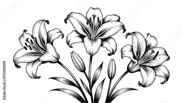 Fototapeta Detailed black and white drawing of three lily flowers with buds and leaves on white background