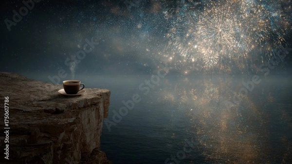 Fototapeta Coffee cup on cliff edge overlooking water and fireworks display