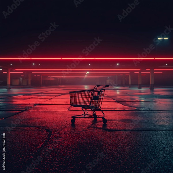 Obraz An abandoned shopping cart in an empty parking lot at night, neon reflections, a concept of economic downturn.