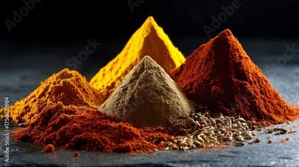 Obraz Colorful spice pyramids on dark surface