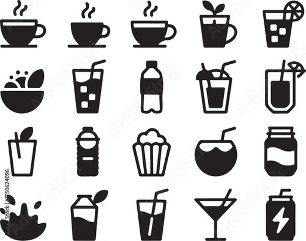 Obraz Beverage icons: coffee, juice, water, soda, and more