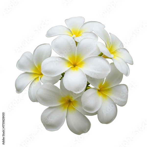 Fototapeta A beautiful cluster of five white plumeria flowers with bright yellow centers on a isolated on transparent background